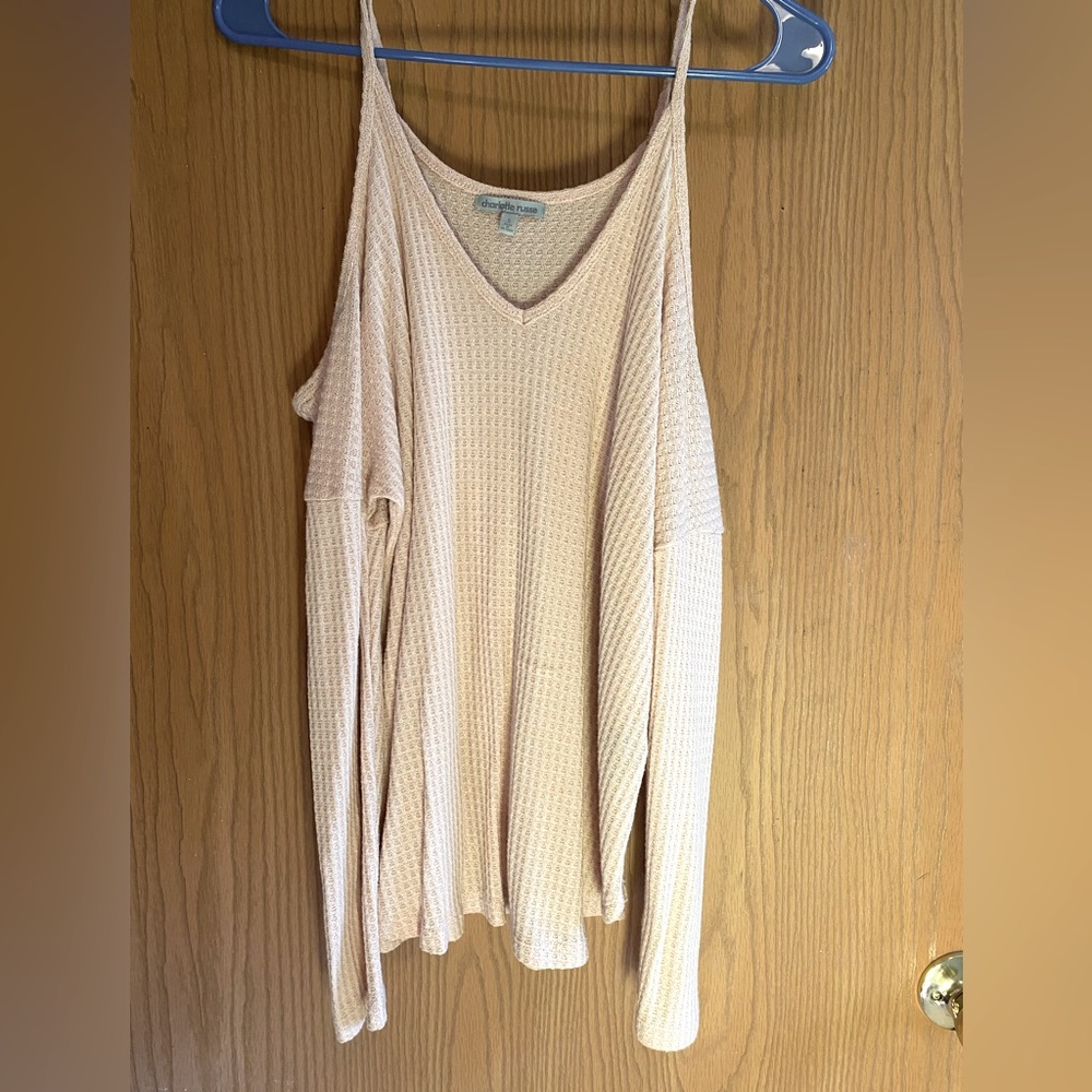 Long sleeve, no shoulder waffle knit sweater
